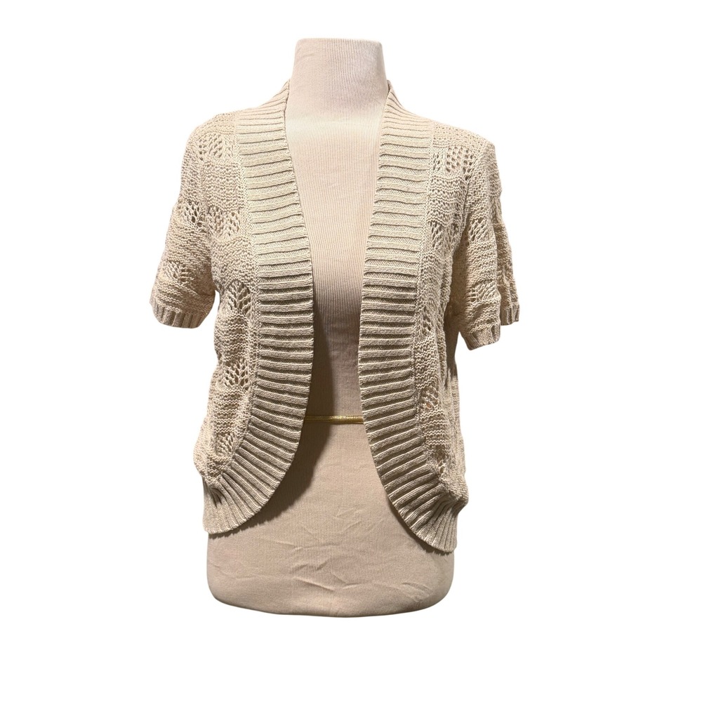 St. Johns Bay Medium Beige Crochet Pointelle‎ Short Sleeve Cardigan Sweater